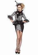 Female clown, costume dress, ruffles, stay up collar, checkered pattern